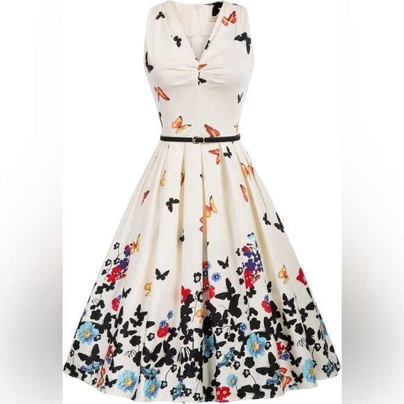 BELLE POGUE BUTTERFLY PRINT 1950’s STYLE ELEGANT RETRO, WOMENS DRESS SIZE M. - Picture 12 of 12